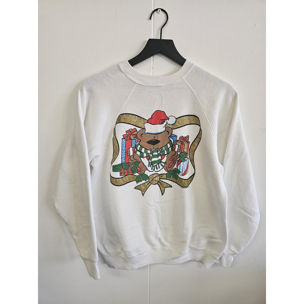 Vintage Christmas Bear Sweatshirt Womens Medium White Tultex Holiday Graphic 90s